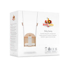 Kinderfeets baby swing with a sturdy wooden frame and fabric seat, designed for gentle rocking and outdoor or indoor use.