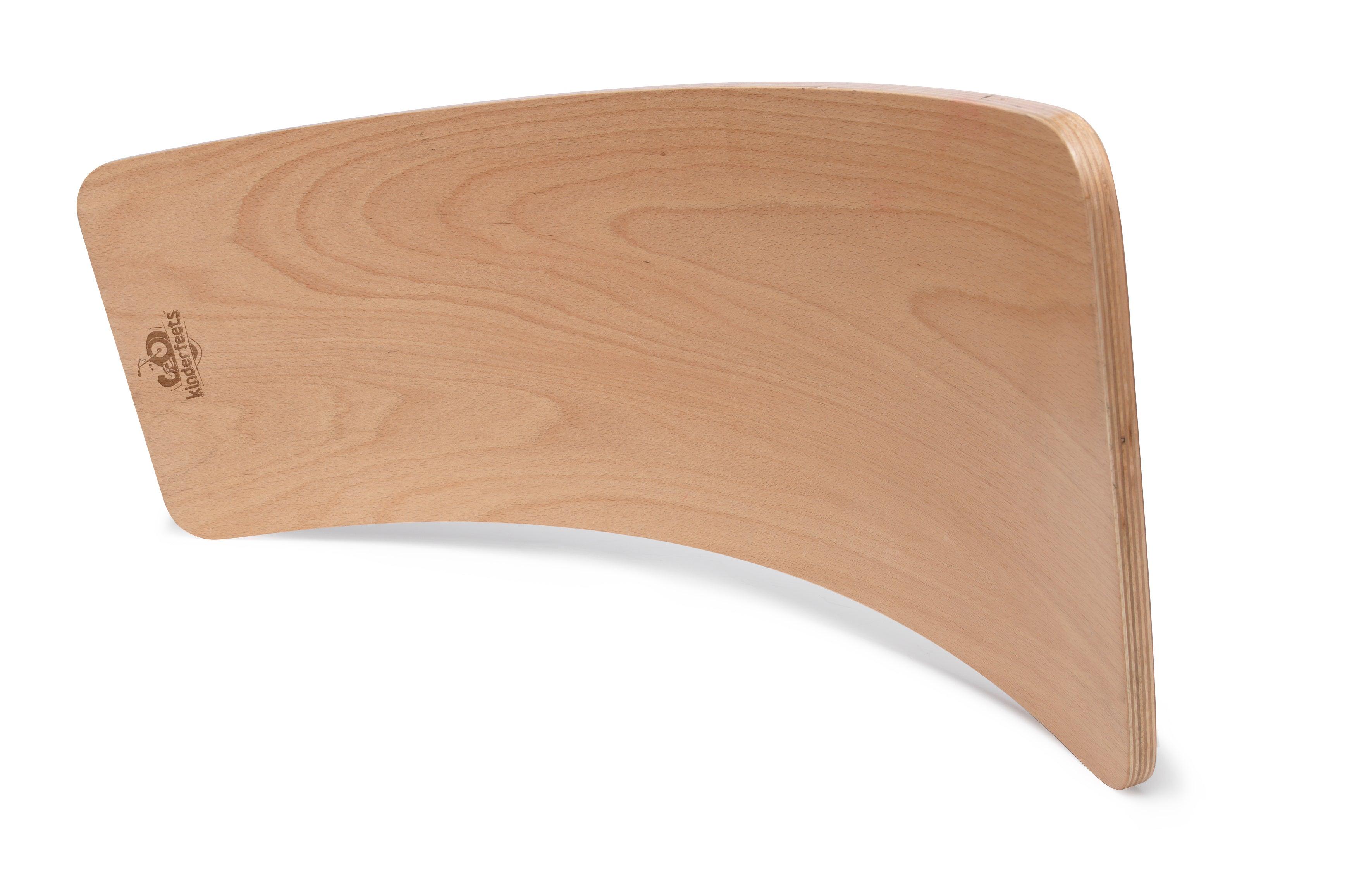 Kinderfeets Kinderboard in natural wood finish, small wooden balance skateboard with rounded edges for kids' fun and balance practice.