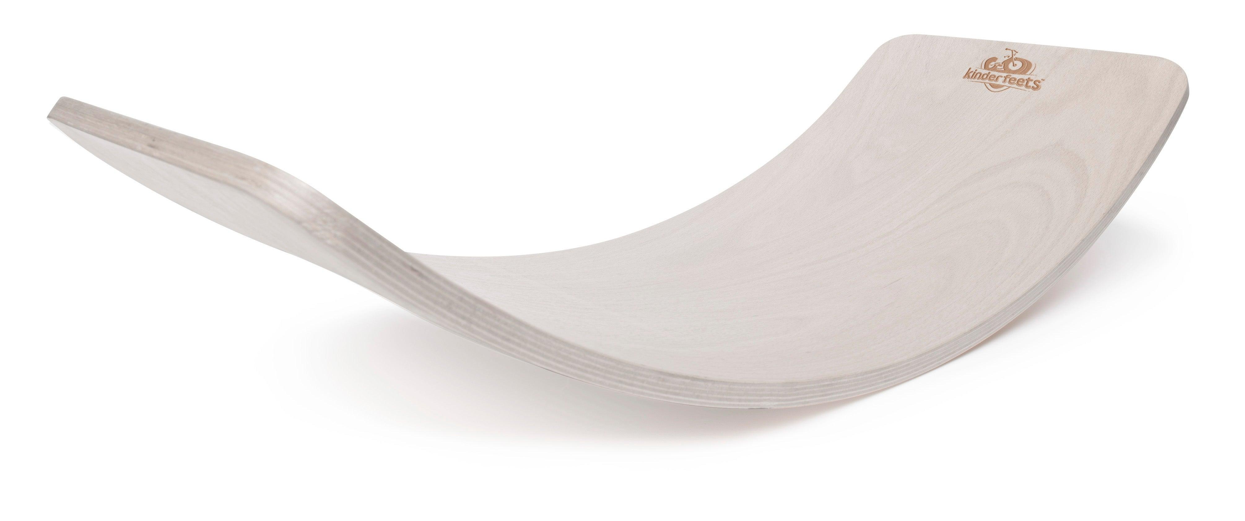 Kinderfeets Kinderboard in white wash finish, showcasing a compact, stylish wooden balance board for kids with natural wood grain.
