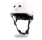 Kinderfeets toddler bike helmet in matte white, shown from the front, with adjustable straps and ventilation for safety.