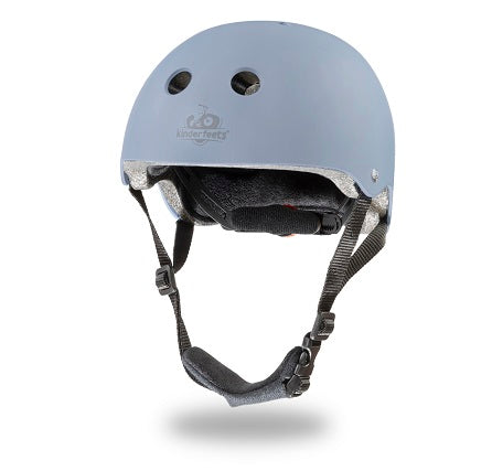 Kinderfeets toddler bike helmet in matte blue, front view showing adjustable straps and safety features for young children.