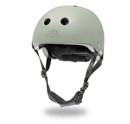 Kinderfeets toddler bike helmet in matte sage color, front view showcasing adjustable straps and ventilation for young children.