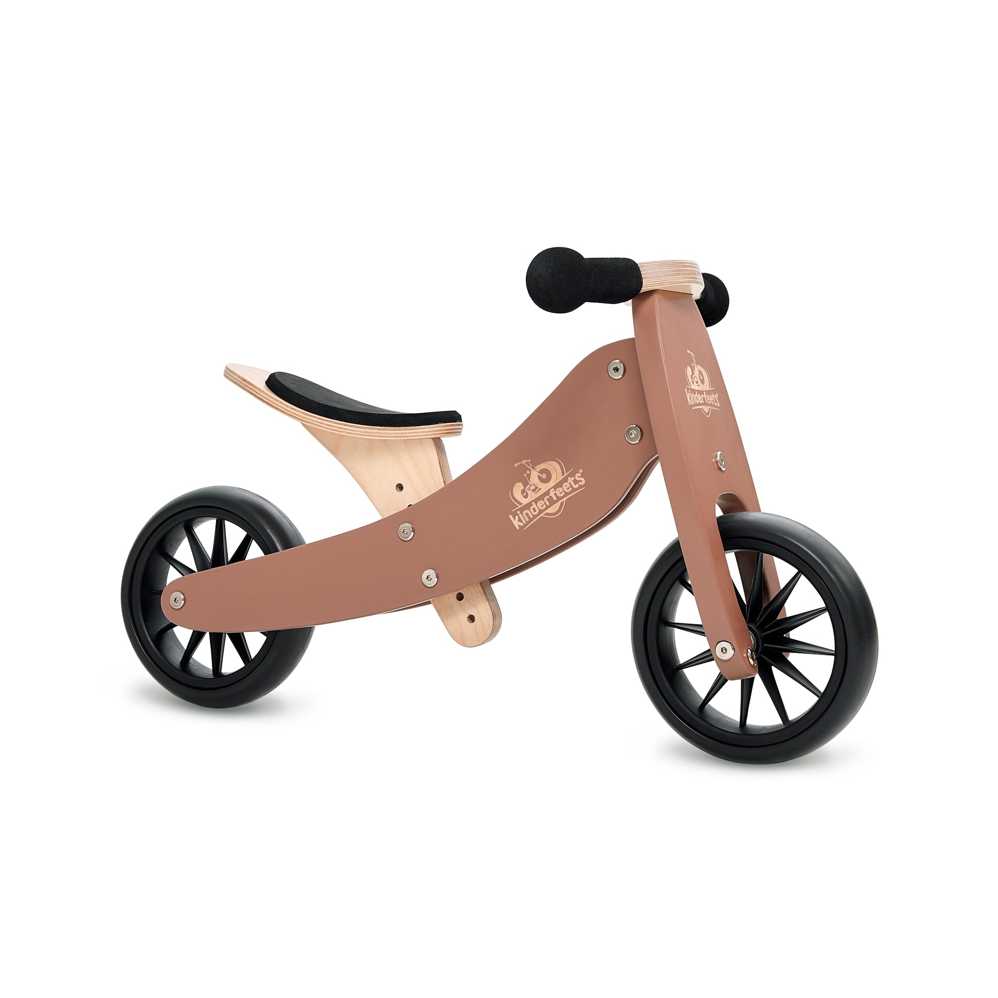 Kinderfeets Tiny Tot Mocha balance bike designed for young children, featuring a sturdy frame and easy-to-grip handlebars.