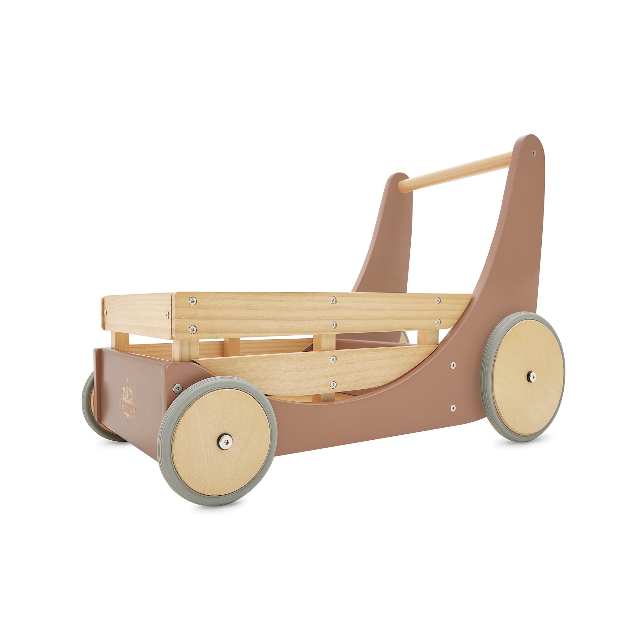 Wooden Kinderfeets Cargo Walker in mocha finish, toddler push toy with sturdy wheels and colorful cargo compartments.
