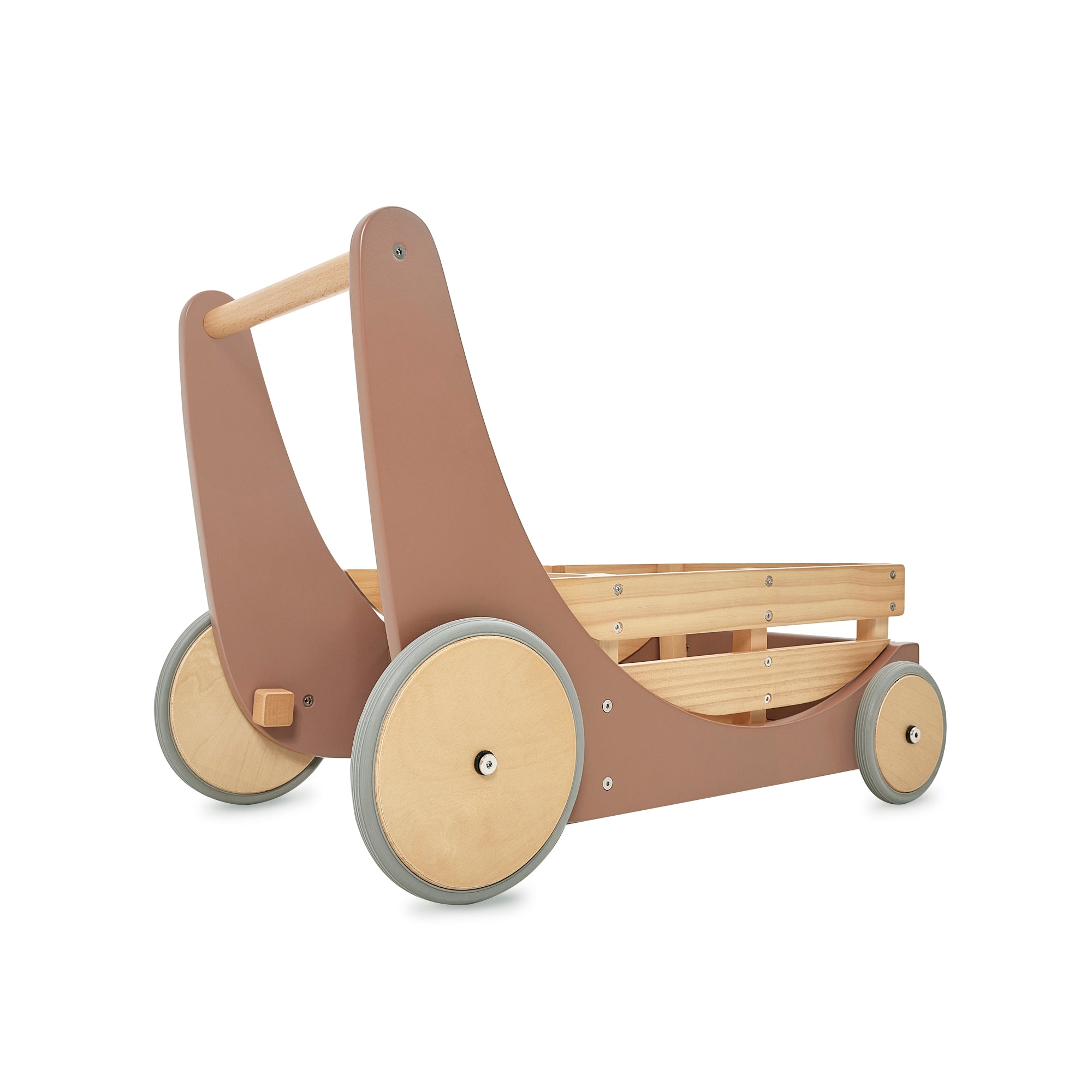 Wooden Kinderfeets Cargo Walker in Mocha, toddler's wooden walking aid with a sturdy frame and cargo storage, designed for early walkers.