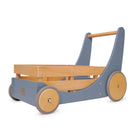Wooden Kinderfeets Cargo Walker in slate blue, toddler push toy with colorful cargo compartments and sturdy wooden frame.