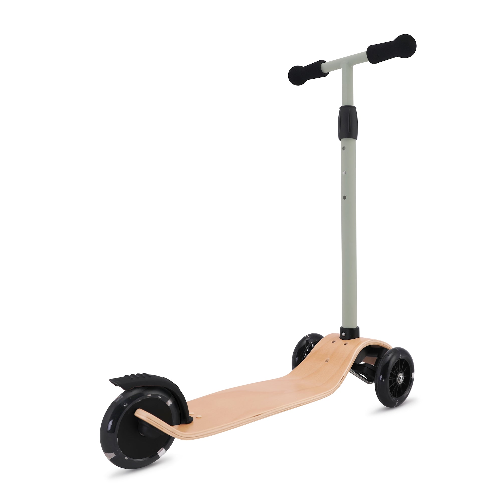 Kinderfeets Silver Sage Kinder Scooter with wooden deck and handlebars, designed for young children, showcasing a sleek silver and sage color.