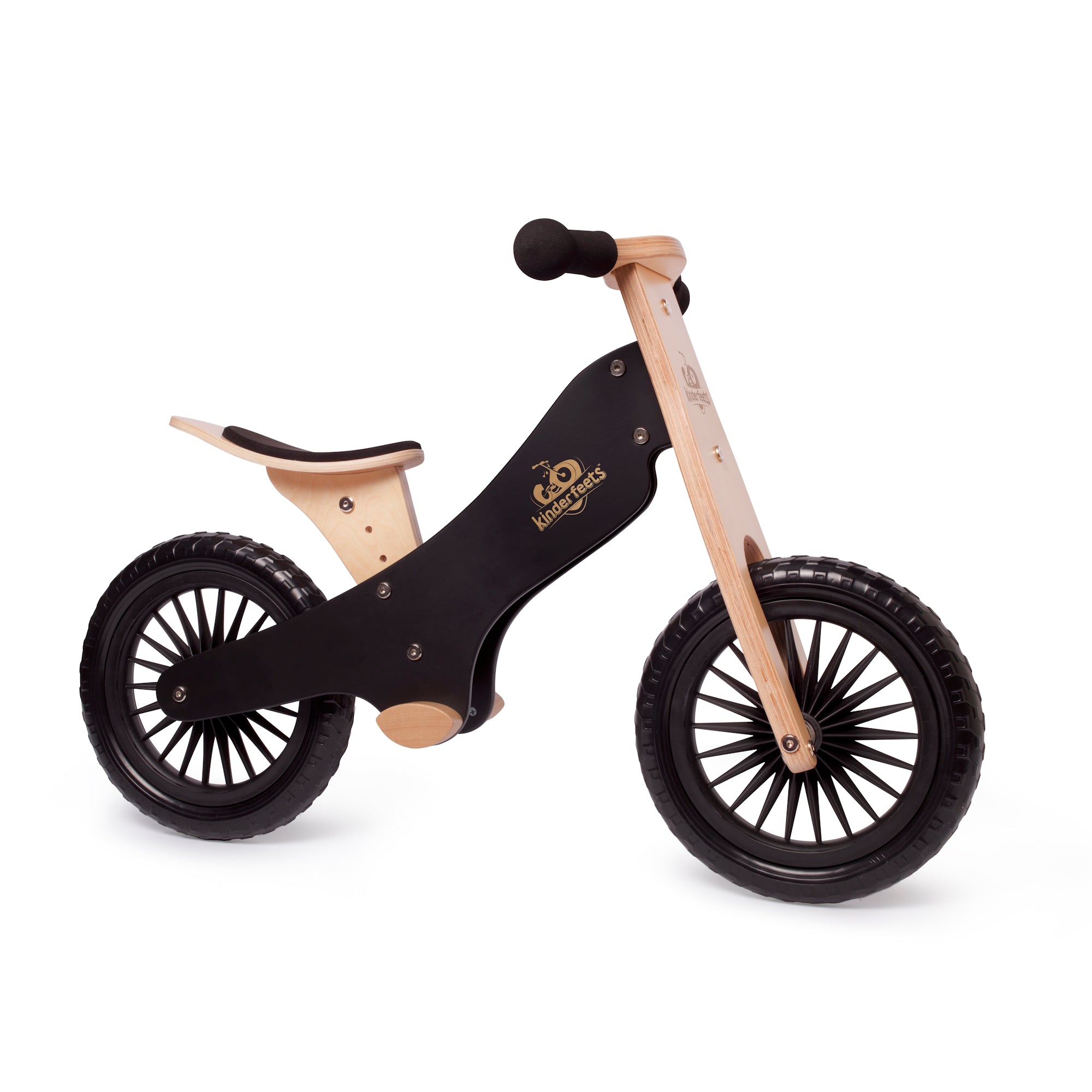 Kinderfeets black balance bike for kids, shown from the right side, lightweight wooden frame with black finish and ergonomic design.