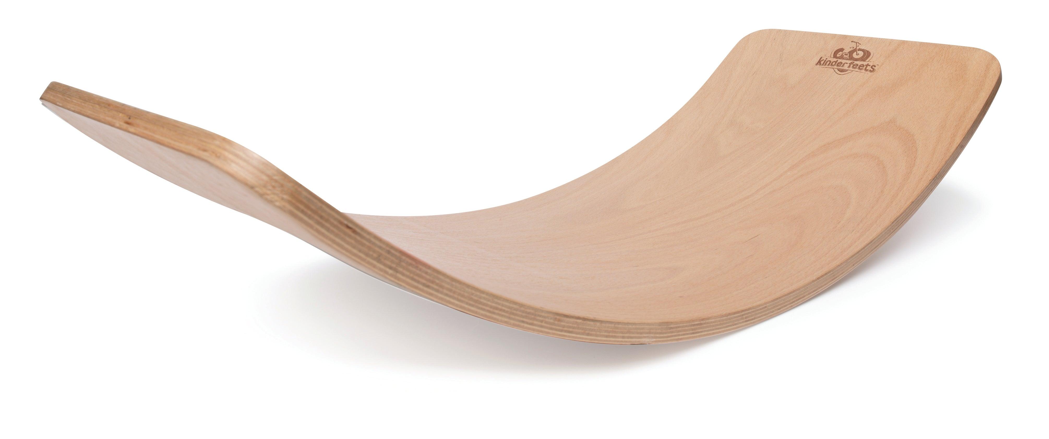 Kinderfeets Kinderboard in natural wood finish, featuring a compact, balanced unclassified skateboard for kids' fun and stability.