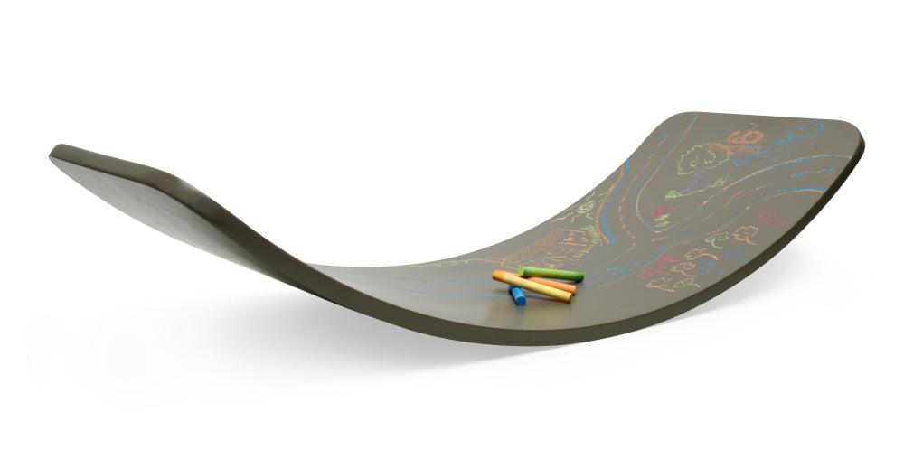 Kinderfeets Kinderboard Chalkboard balance board with a black chalkboard surface and colorful wooden frame for kids' play and balance.