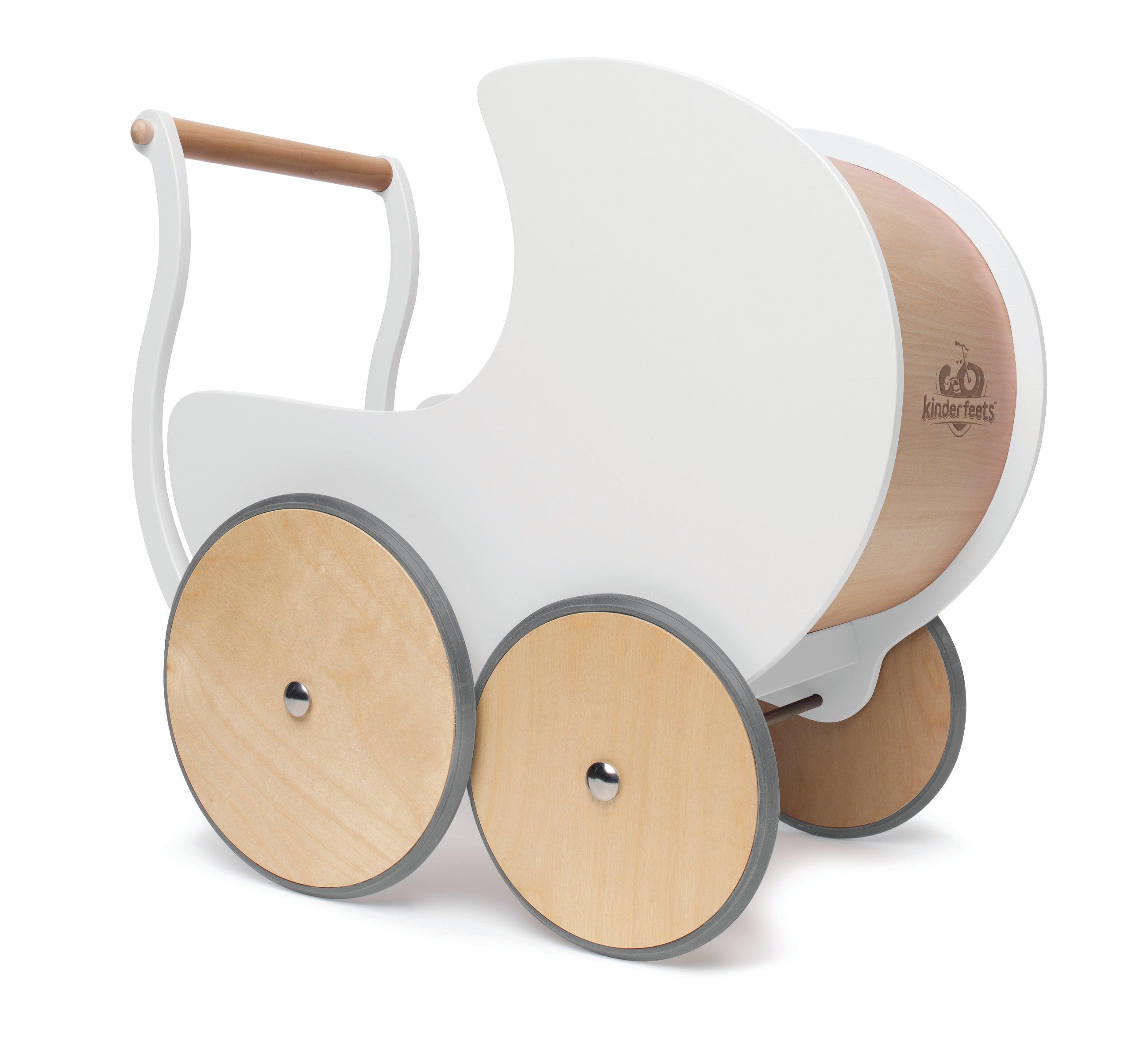 Wooden Kinderfeets Pram Walker in white with a classic design, perfect for early childhood development and play.