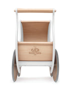 Wooden Kinderfeets Pram Walker in white, front view, designed for toddlers, featuring a classic wooden toy with a sturdy handle.