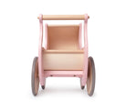 Wooden pram walker in rose color from Kinderfeets, designed for toddlers, shown from the back with wooden wheels and handle.