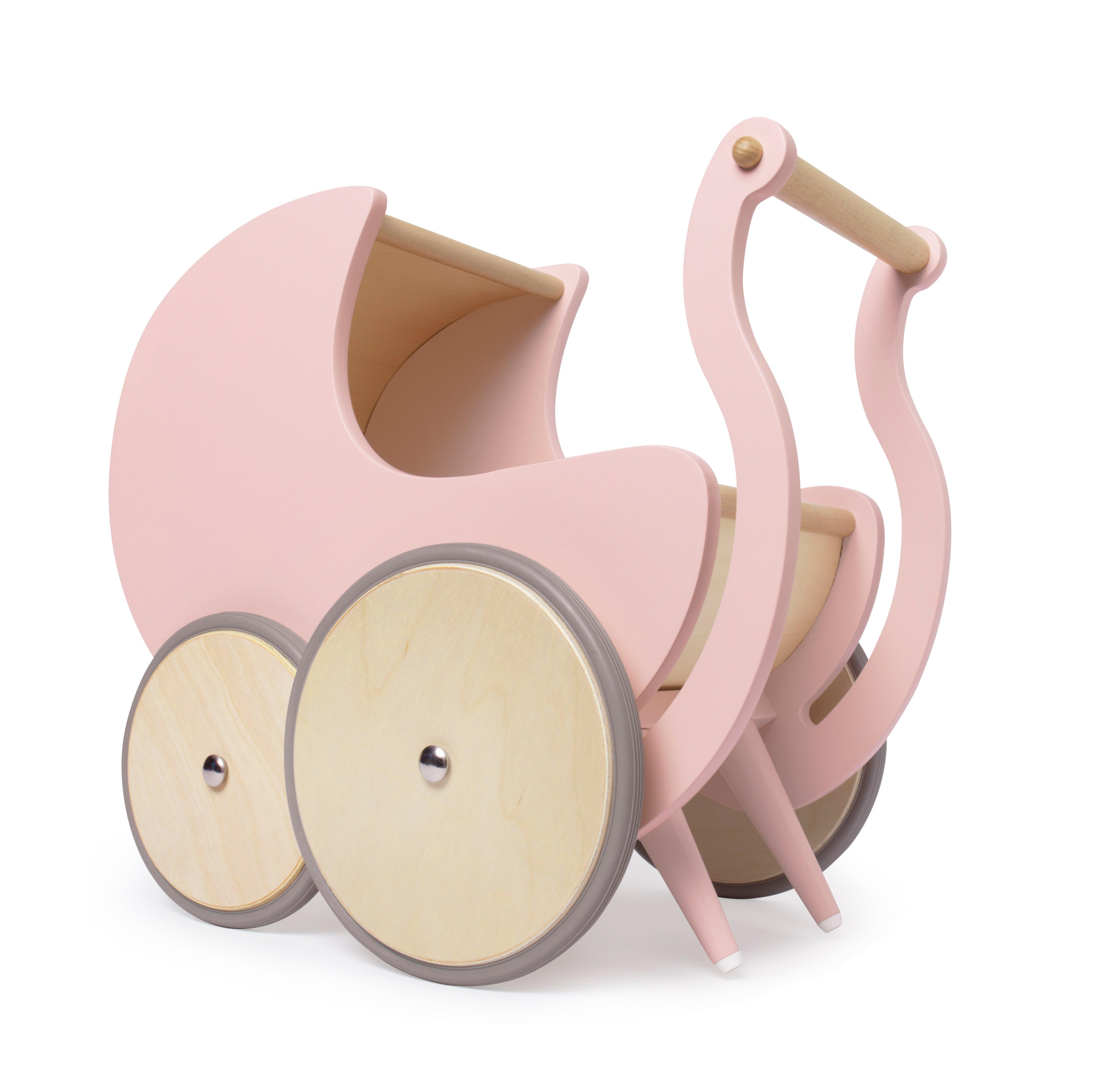 Wooden Kinderfeets Pram Walker in rose color, designed for toddlers, with a classic wooden toy appearance and detailed craftsmanship.