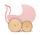 Wooden Kinderfeets Pram Walker in rose color, side view showing classic design and sturdy wooden construction for toddlers.
