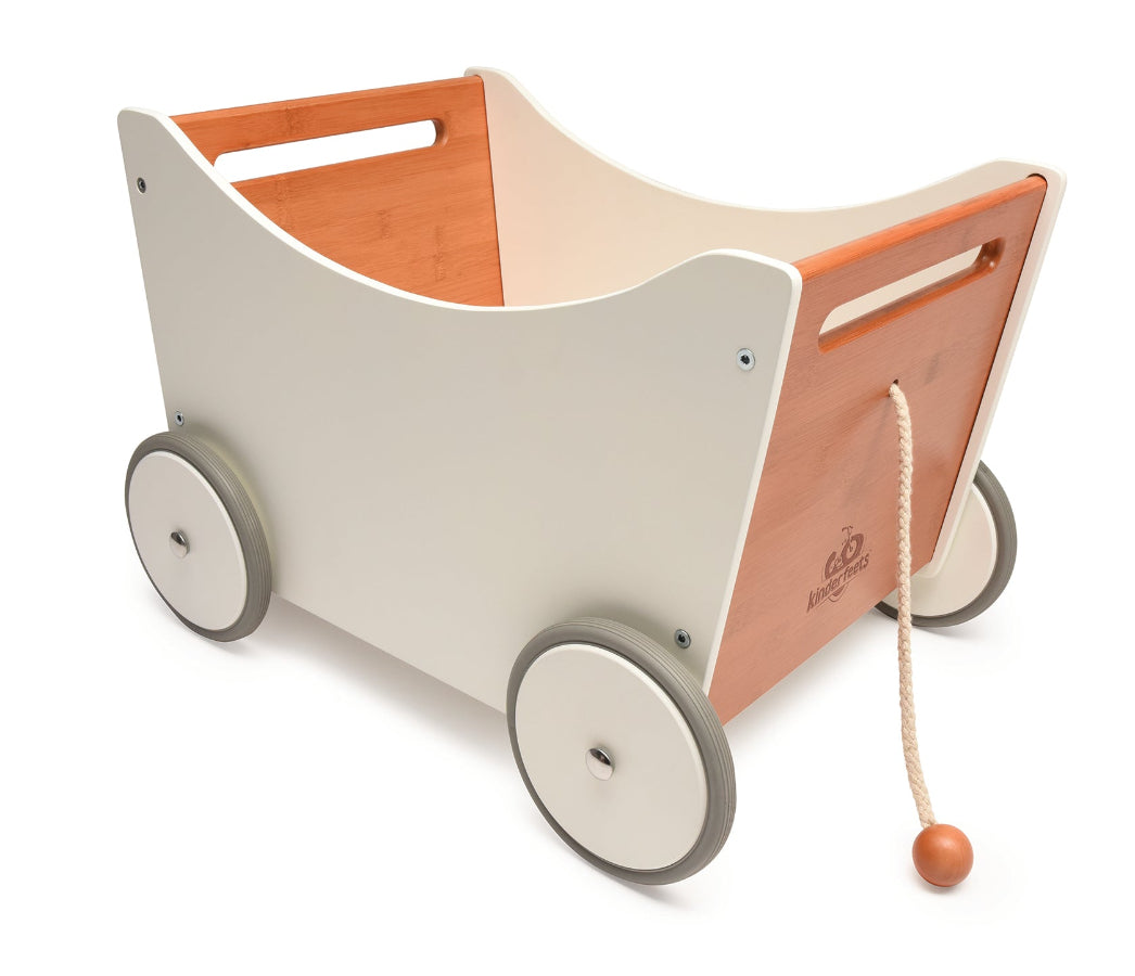 Kinderfeets wooden toy box and walker in white and bamboo, featuring a sturdy design suitable for young children.