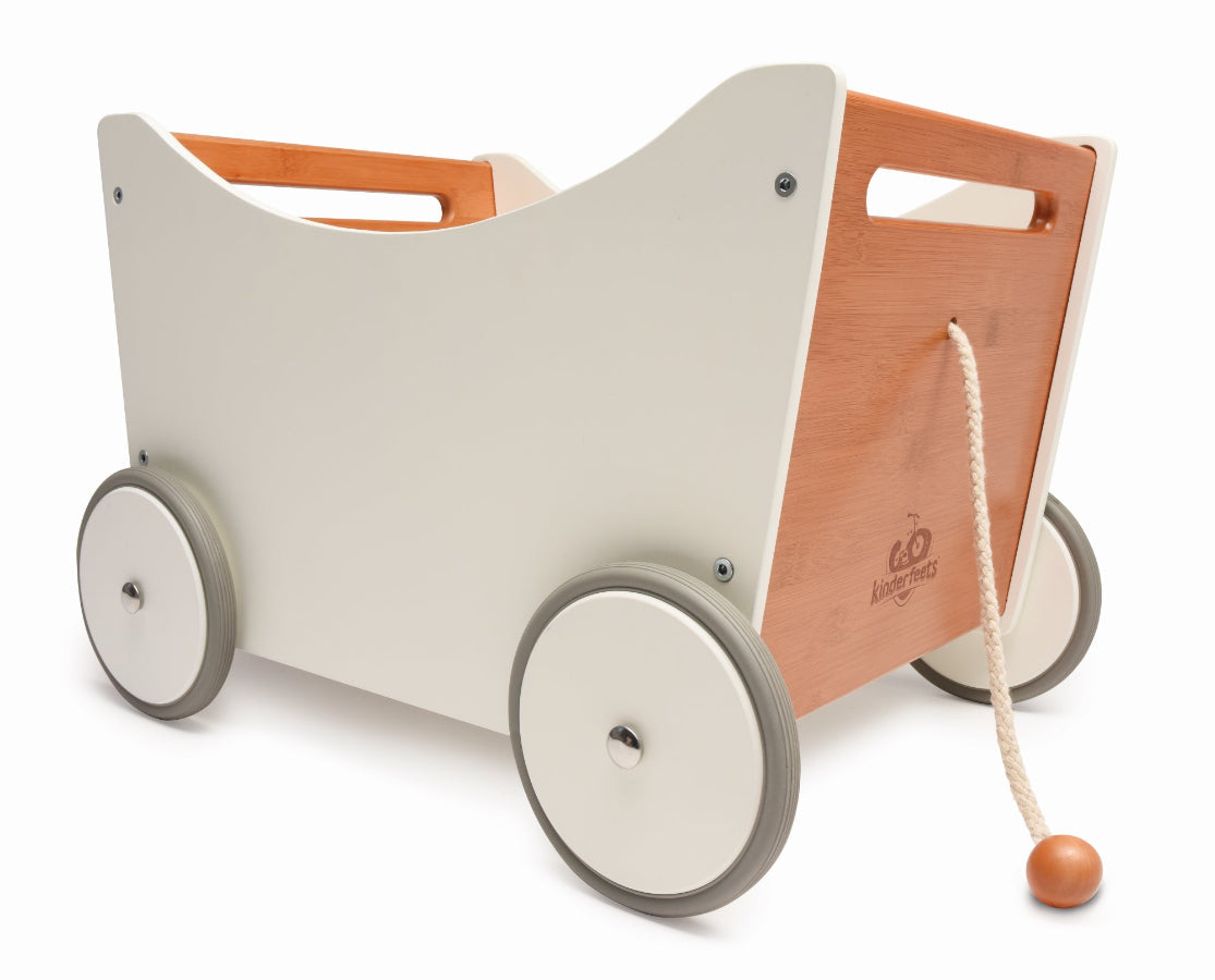 Wooden toy box and walker for kids by Kinderfeets in white and bamboo with smooth finish and sturdy design.