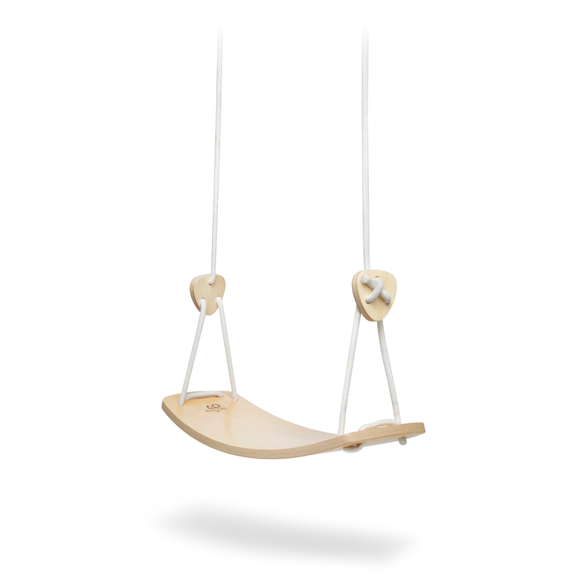 Child's swing by Kinderfeets featuring a wooden seat and colorful ropes, suitable for indoor or outdoor play.