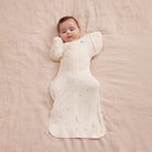 Love to Dream Swaddle Up Transition Bag Bamboo 1.0 TOG in Lemons, soft fabric, with zipper closure and sleeveless design.