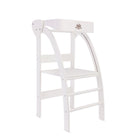 Kinderfeets Pikler observation tower in white, wooden toddler climbing and play structure with safety rails and steps.