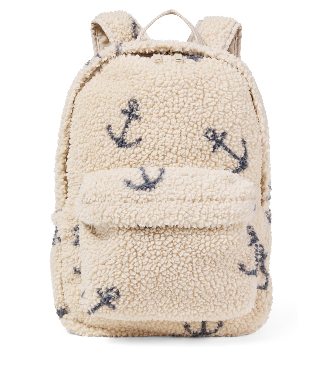 Konges Slojd Jody Teddy Backpack school bag in anchor print with bear face design, adjustable straps and front pocket for kids.