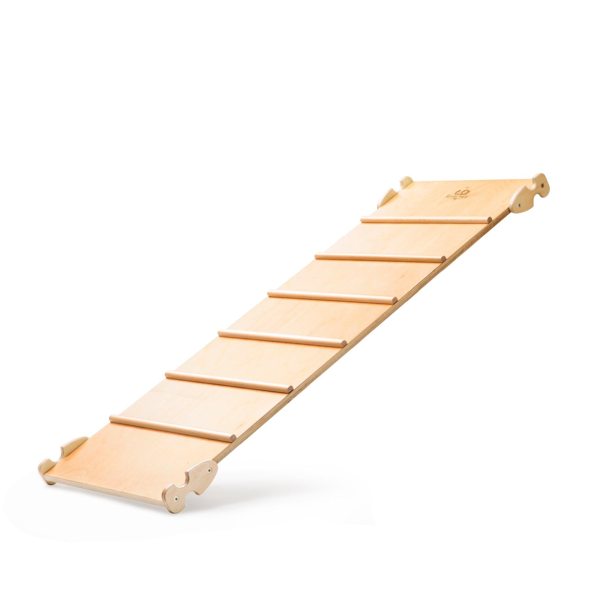 Kinderfeets Pikler Ramp and Slide climbing toy for toddlers, featuring wooden ramp and slide with colorful safety edges.