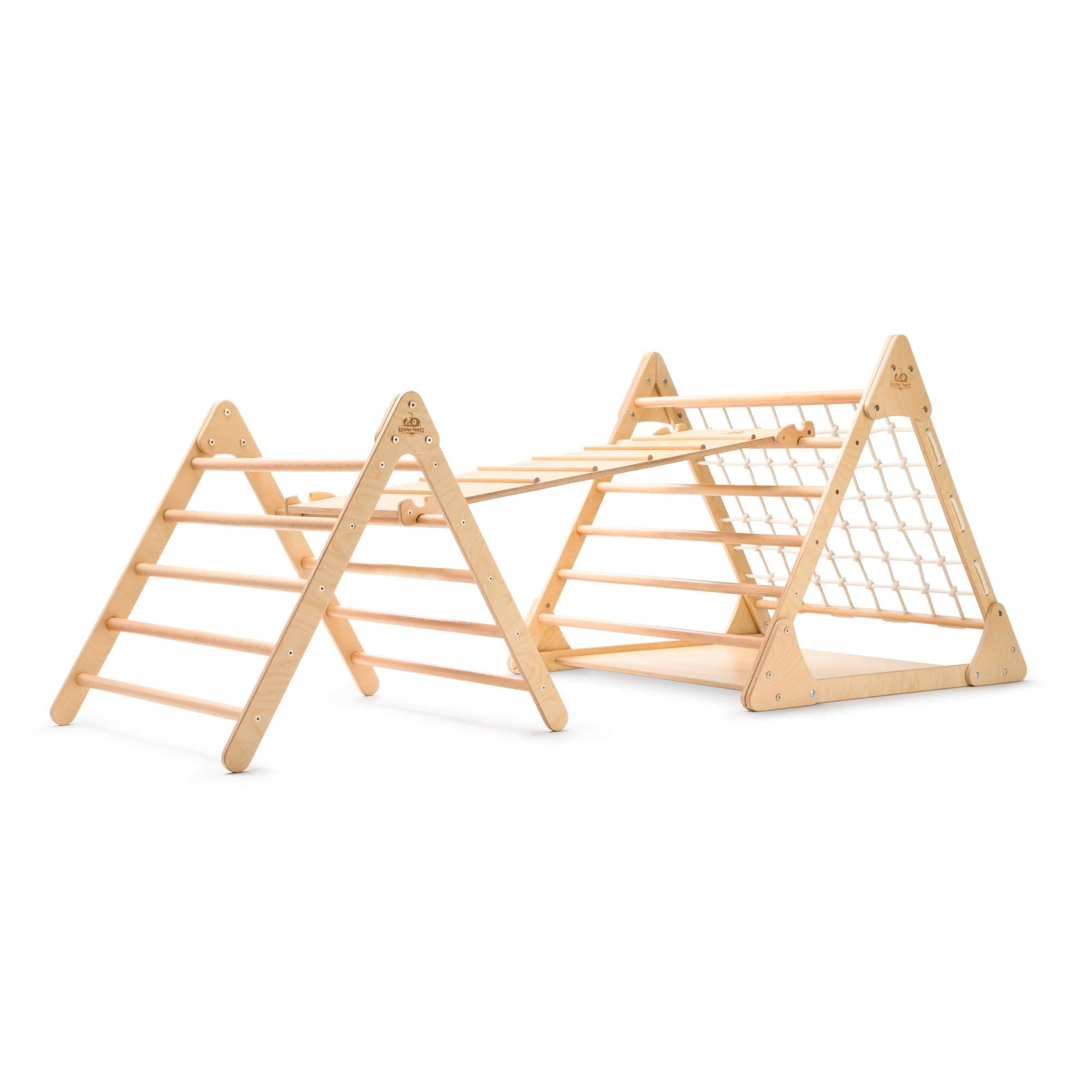 Kinderfeets Pikler Triangle climbing toy in medium size with ramp, made of wood, designed for safe and fun indoor play for children.