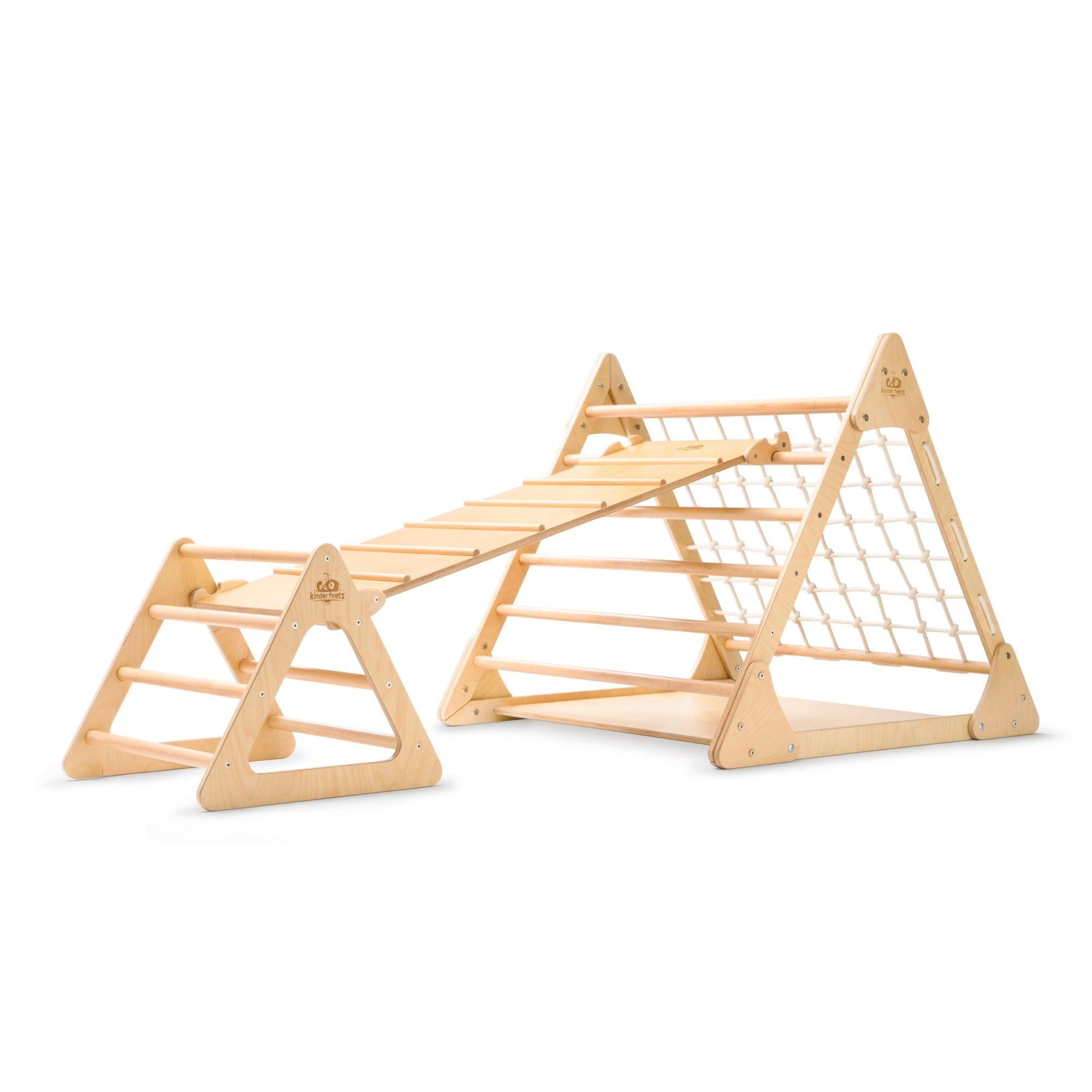 Small Kinderfeets Pikler Triangle climbing toy with ramp, designed for safe indoor play and motor skill development.