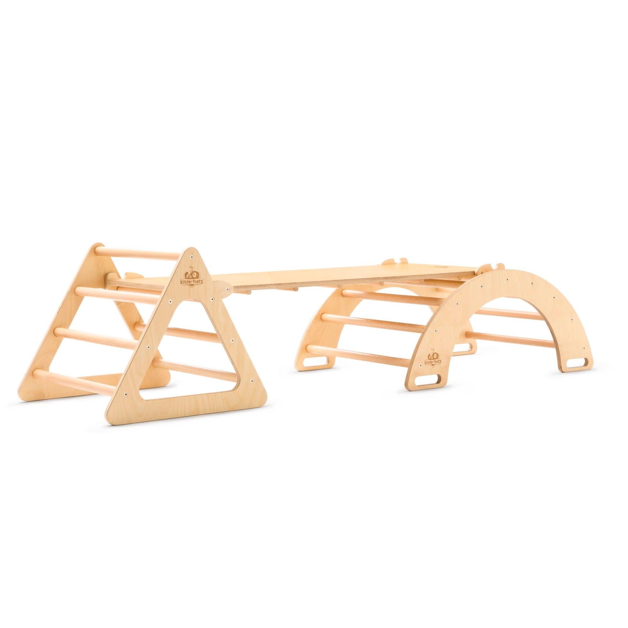 Kinderfeets Pikler Triangle small climbing toy with arch and slide, made of wood for safe, developmental play.