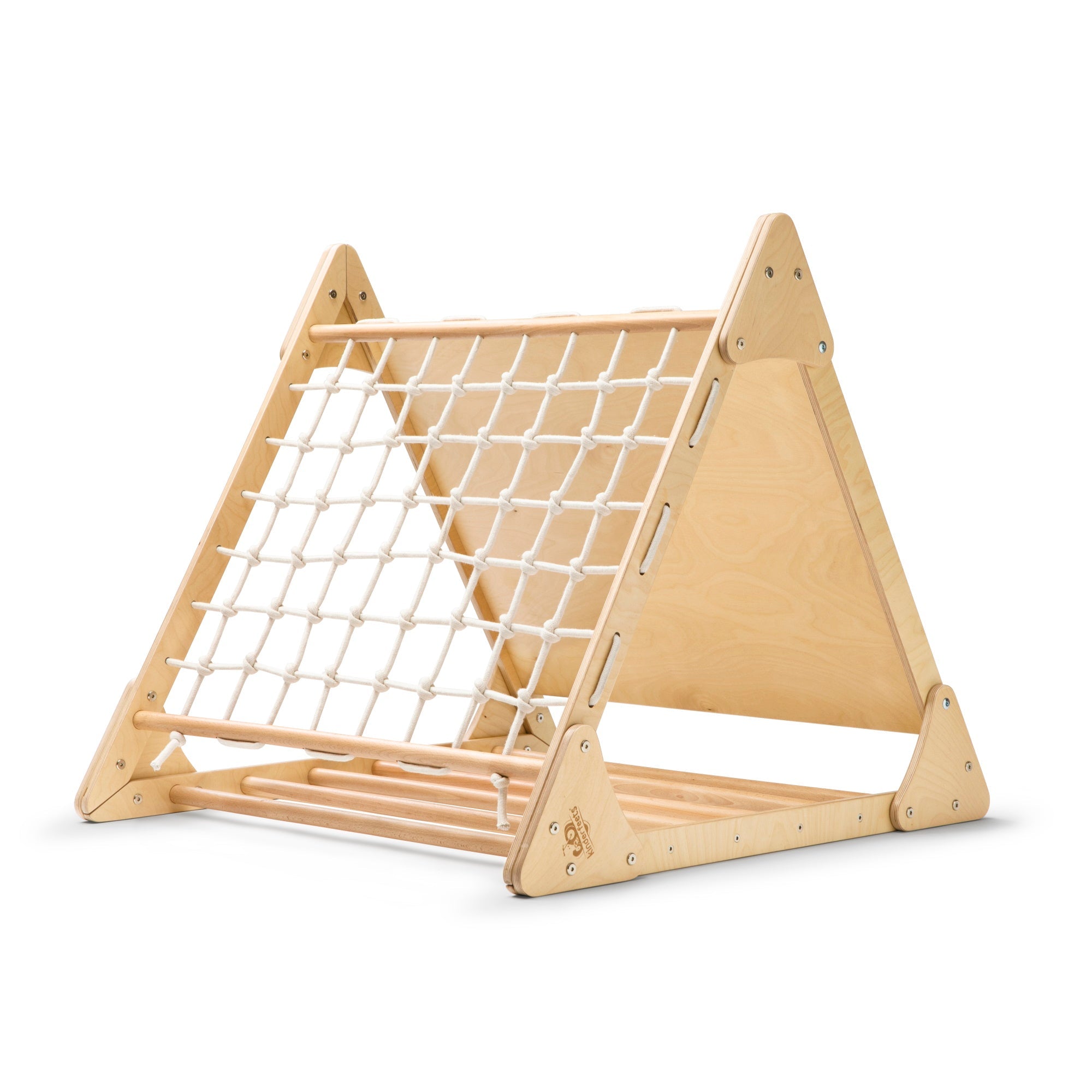 Large Kinderfeets Pikler Triangle climbing toy with triple climbing sections, made of smooth wood for early childhood development.