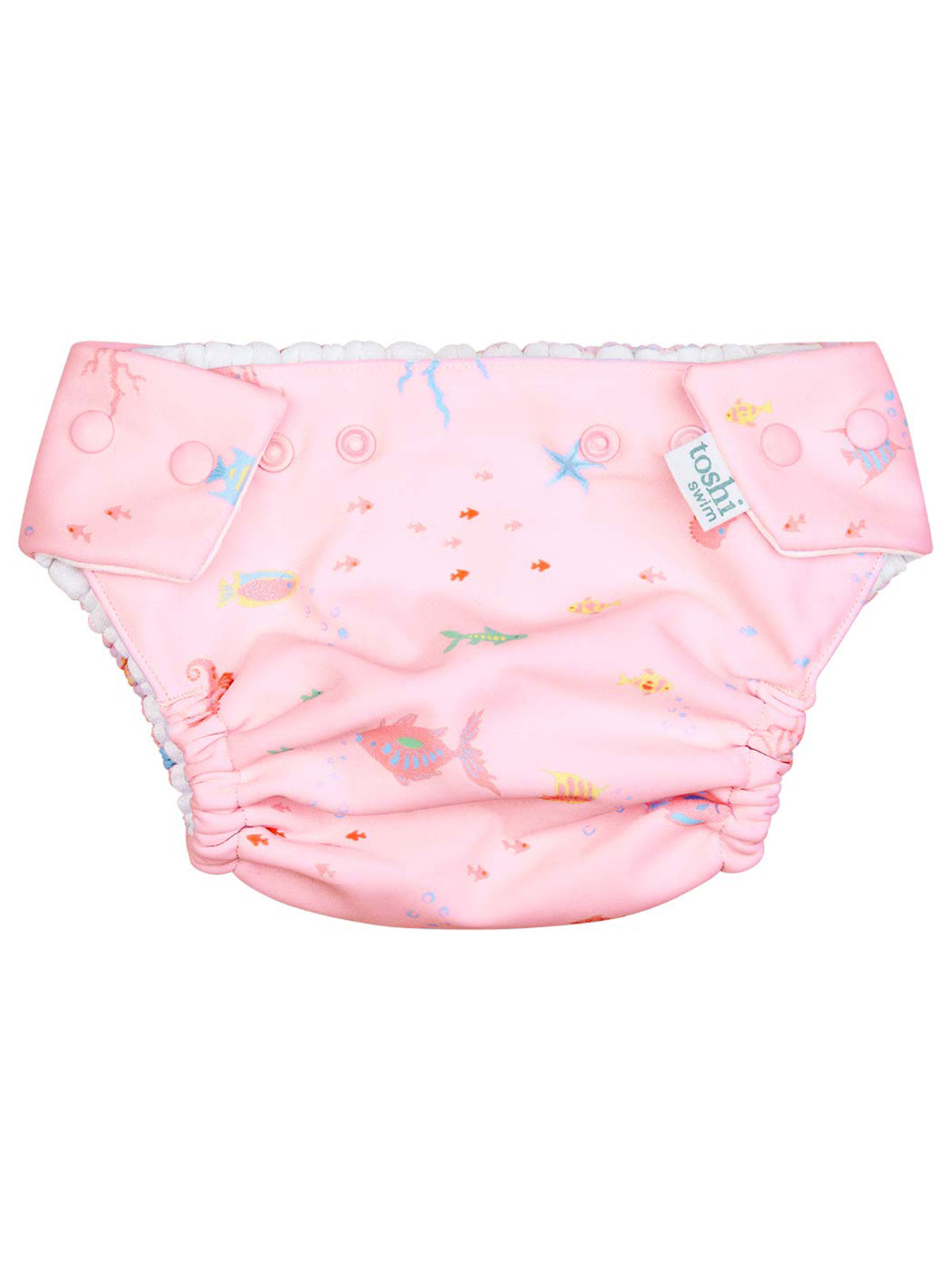 Toshi Coral Swim Nappy for babies, made of waterproof material with adjustable sides, designed for comfortable swimwear.