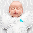 Love to Dream Swaddle Up™ Bamboo 1.0 TOG in grey with star and moon print, designed for comfortable baby swaddling.