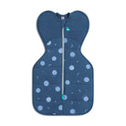 Love to Dream Swaddle Up™ Warm 2.5 TOG Little Dreamer Denim swaddle with fire label, showing soft fabric and snug fit for babies.