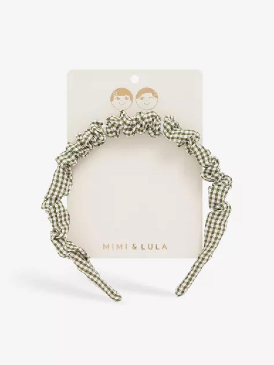 Mimi & Lula Alice headbands featuring gingham scrunchie design, stylish hair accessories for girls.