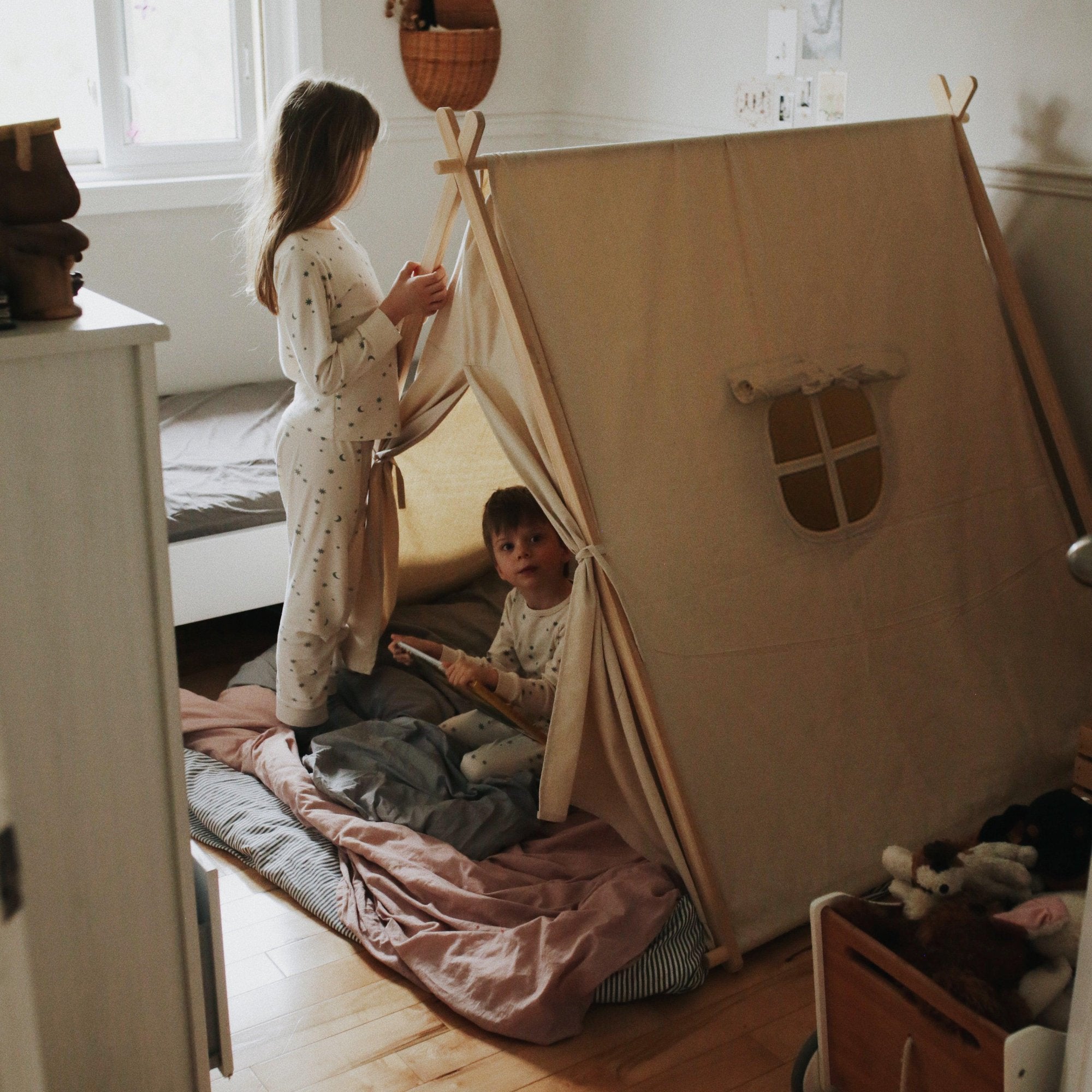 Colorful Kinderfeets Play Tent by Kinderfeets with fabric walls and playful design for children’s indoor play and imagination.
