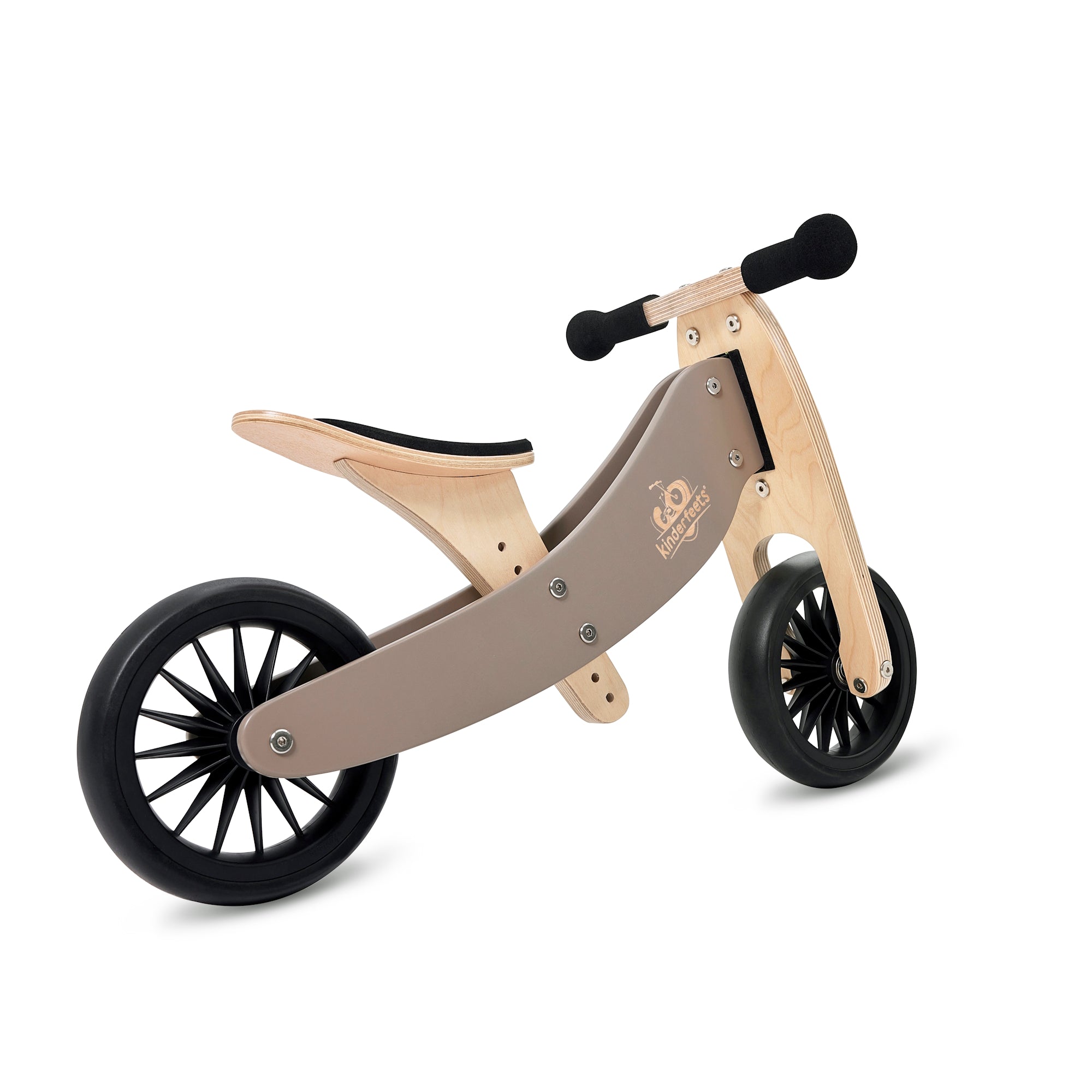 Kinderfeets Tiny Tots Plus slate grey balance bike with two wheels, designed for young children learning to ride.