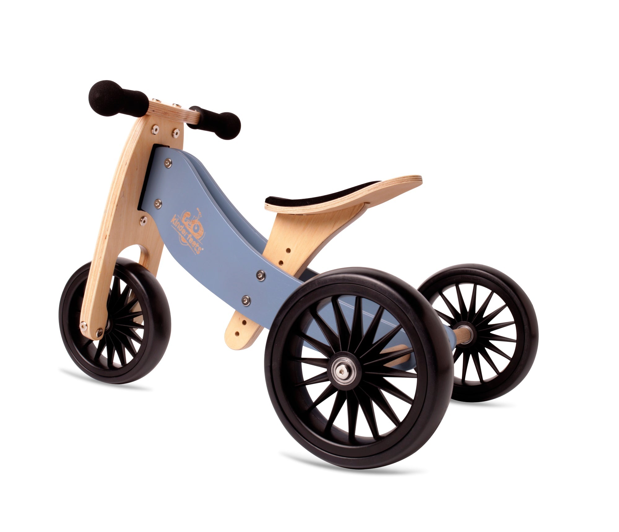 Kinderfeets Tiny Tot Plus slate blue trike and balance bike with three wheels, designed for young children learning to ride.