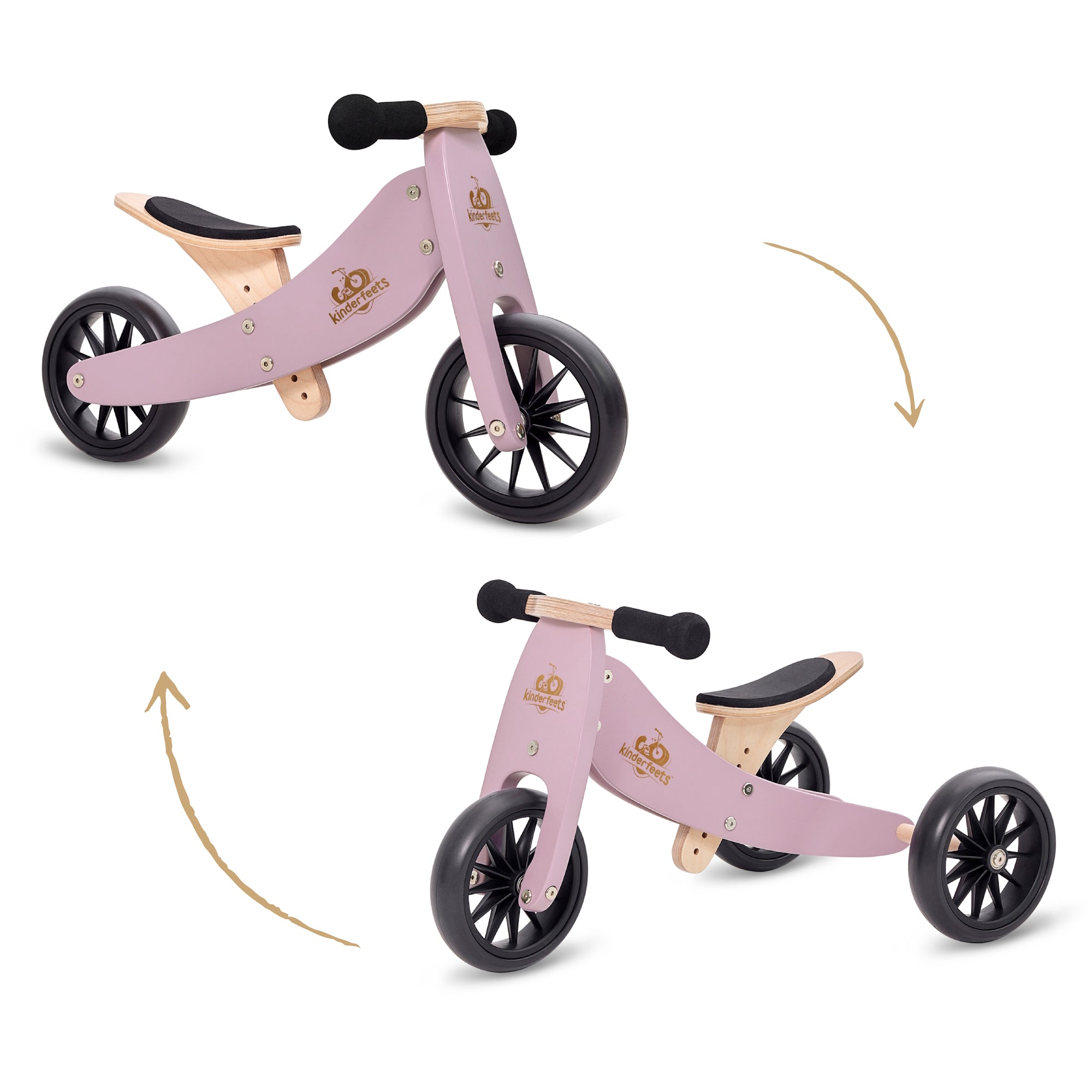 Kinderfeets Tiny Tot lavender balance bike for young children, featuring a lightweight frame and easy-to-grip handlebars.