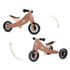 Kinderfeets Tiny Tot Mocha balance bike for toddlers, featuring a wooden frame and ergonomic design.