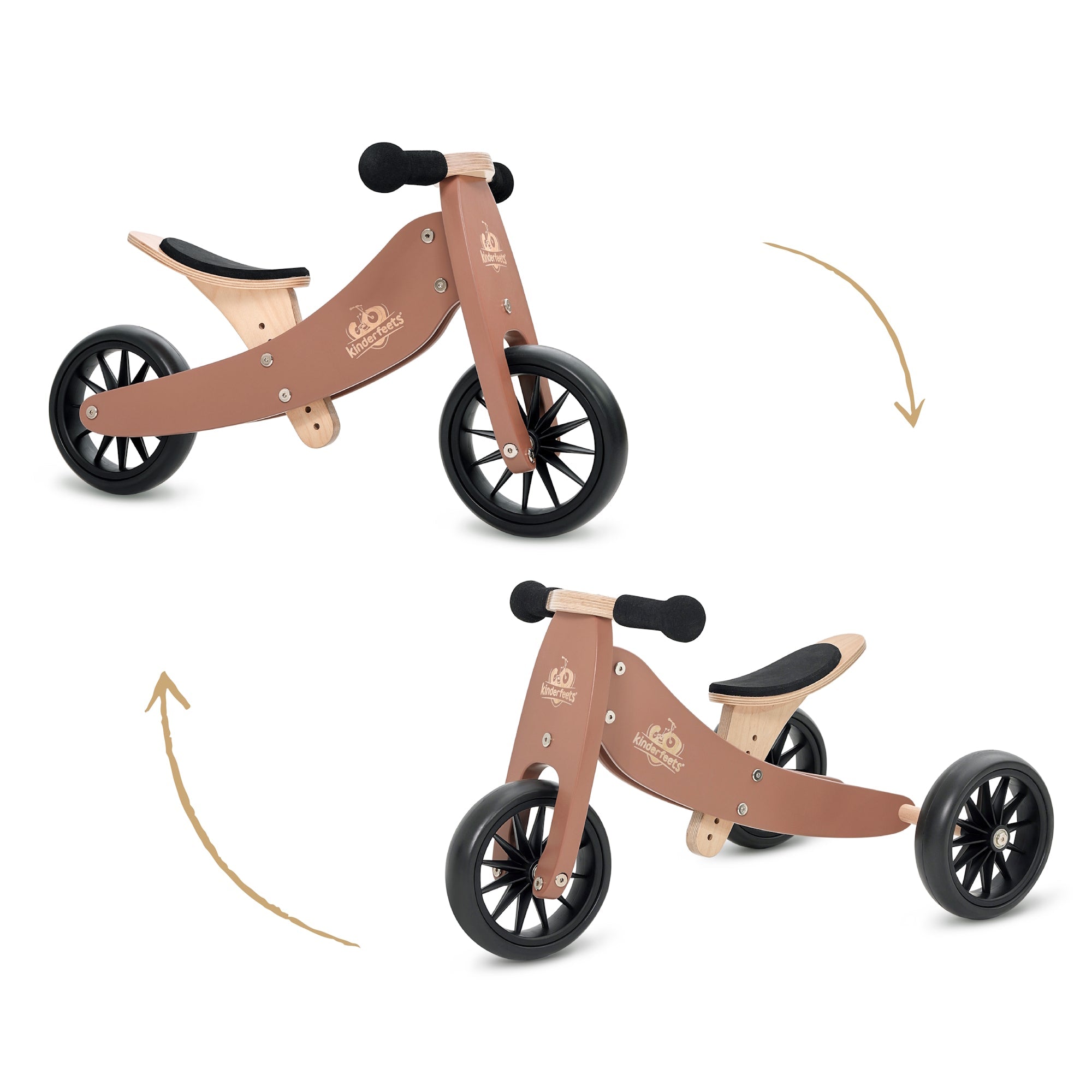 Kinderfeets Tiny Tot Mocha balance bike for toddlers, featuring a wooden frame and ergonomic design.