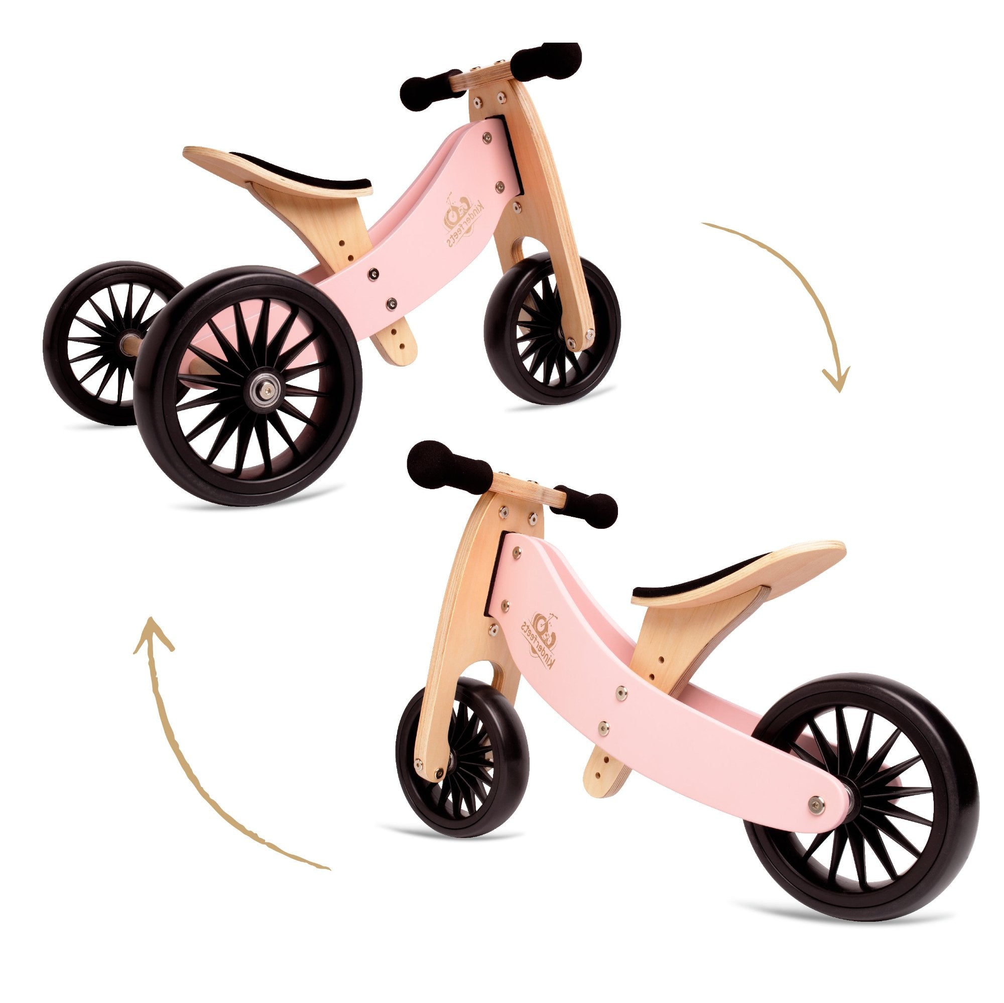 Kinderfeets Tiny Tot Plus pink trike and balance bike for toddlers, featuring a sturdy frame and comfortable seat.
