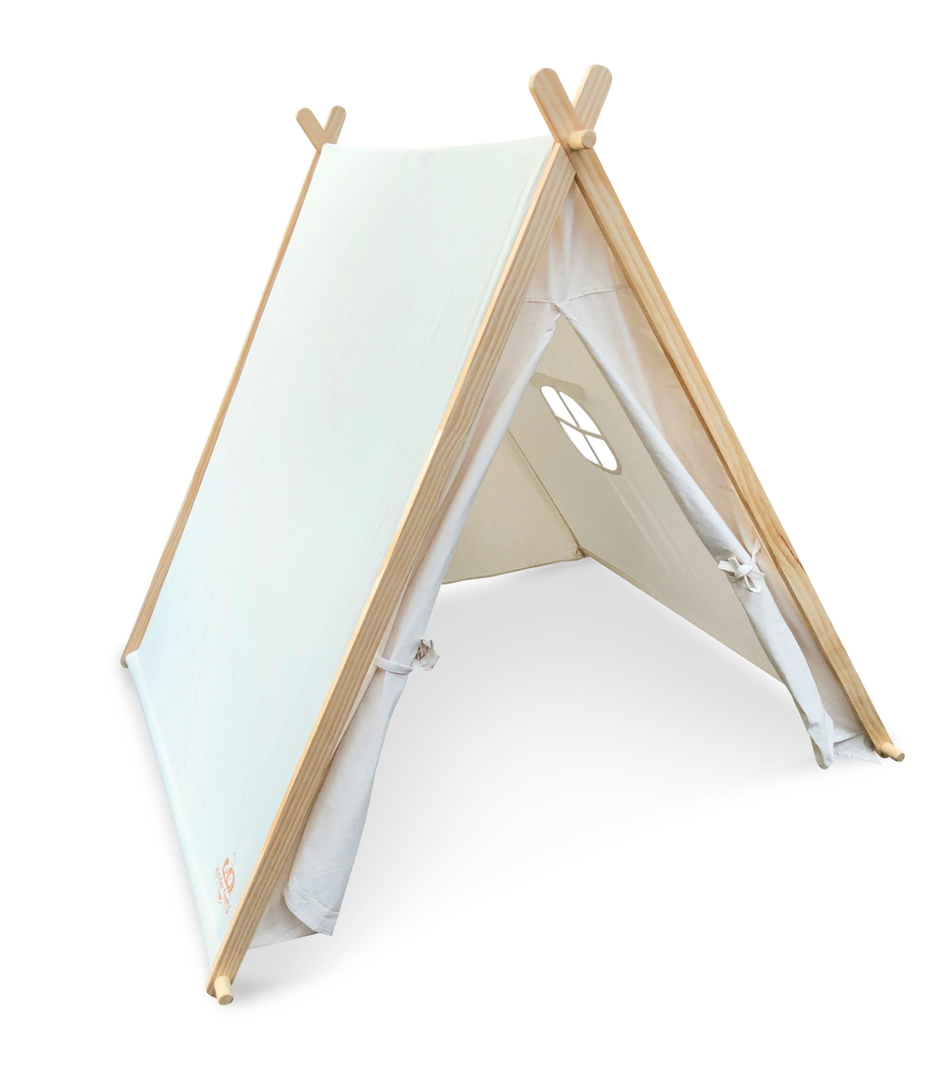 Kinderfeets play tent with open front design, featuring colorful fabric and breathable mesh sides for imaginative play.