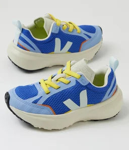 VEJA Canary Light Alveomesh Paros Ice Olympe shoe with white and light blue design, featuring breathable mesh upper and sleek style.