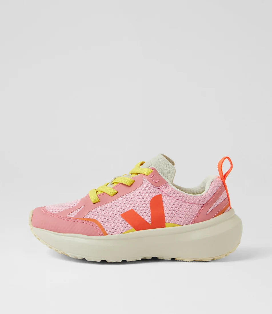 VEJA Canary Light Alveomesh shoe in Guimauve Orange Fluro with white accents, showcasing the breathable mesh design.