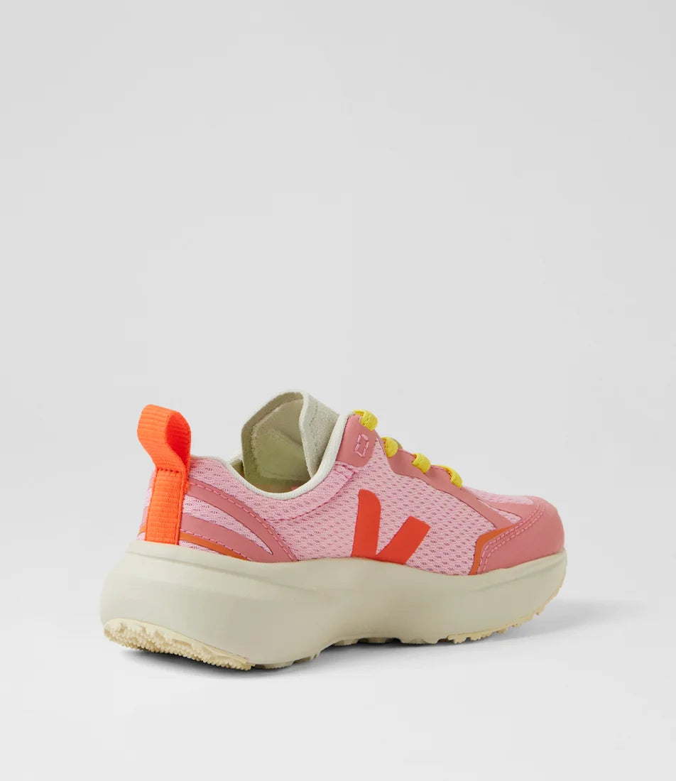 VEJA Canary Light Alveomesh shoe in Guimauve Orange Fluro with white accents, lightweight and breathable sneaker.