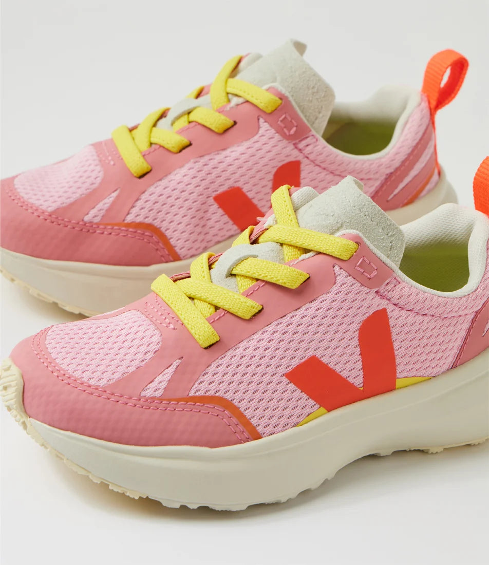 VEJA Canary Light Alveomesh orange and white sneaker with breathable mesh design, sporty shoe for casual wear.