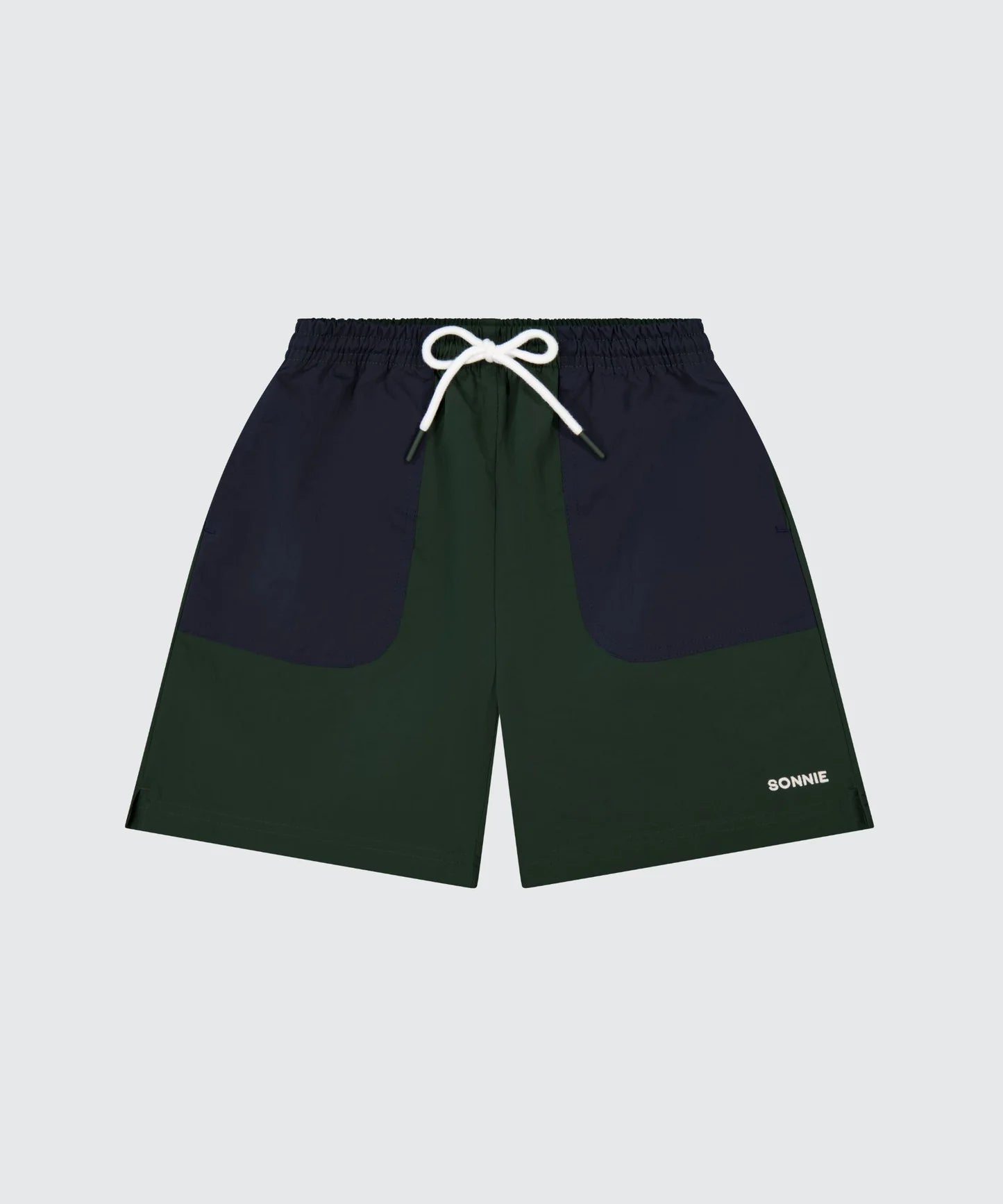 Sonnie nylon sport shorts in forest green and ink color, featuring a comfortable fit and sporty design for active wear.