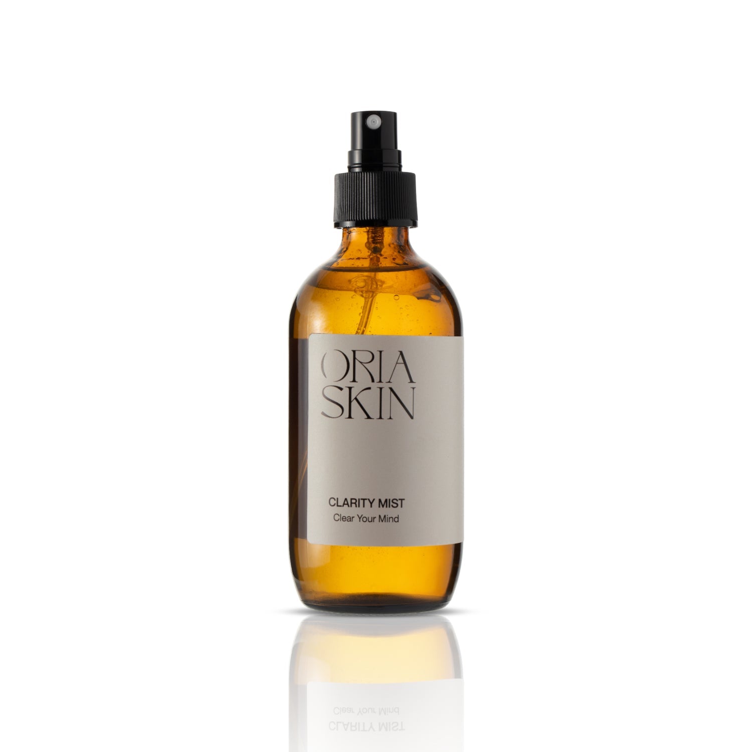 Oria Skin Clarity Mist spritzer bottle with transparent cap and clear label, 200ml size for skincare hydration and refreshment.