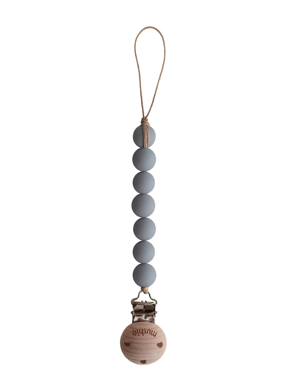 Mushie Cleo Pacifier Clip in Halo Stone, a stylish silicone pacifier case with a secure clip and modern design.