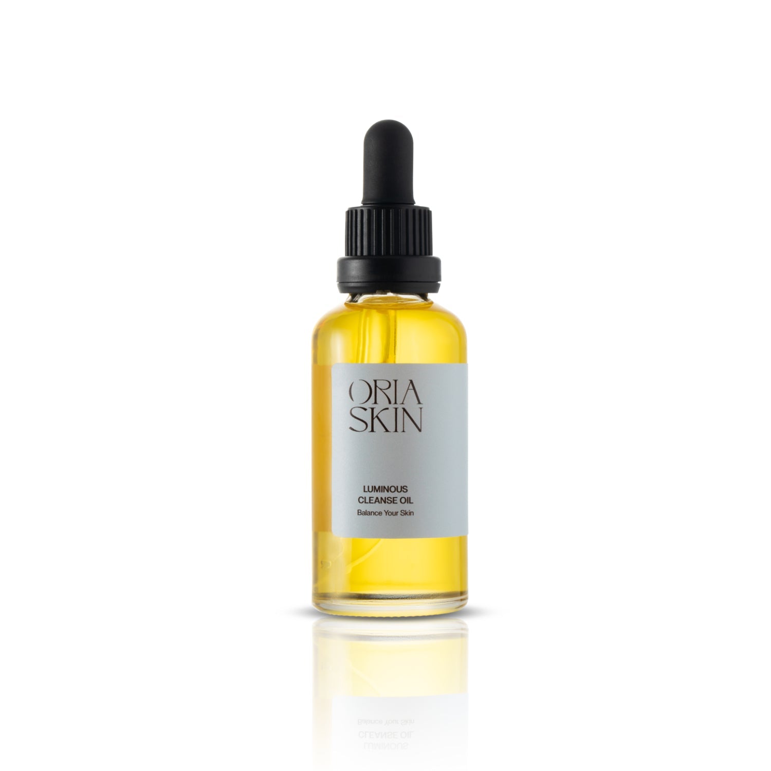 Oria Skin Luminous Cleanse Oil 50ml bottle with clear glass and white pump dispenser for skincare cleansing.